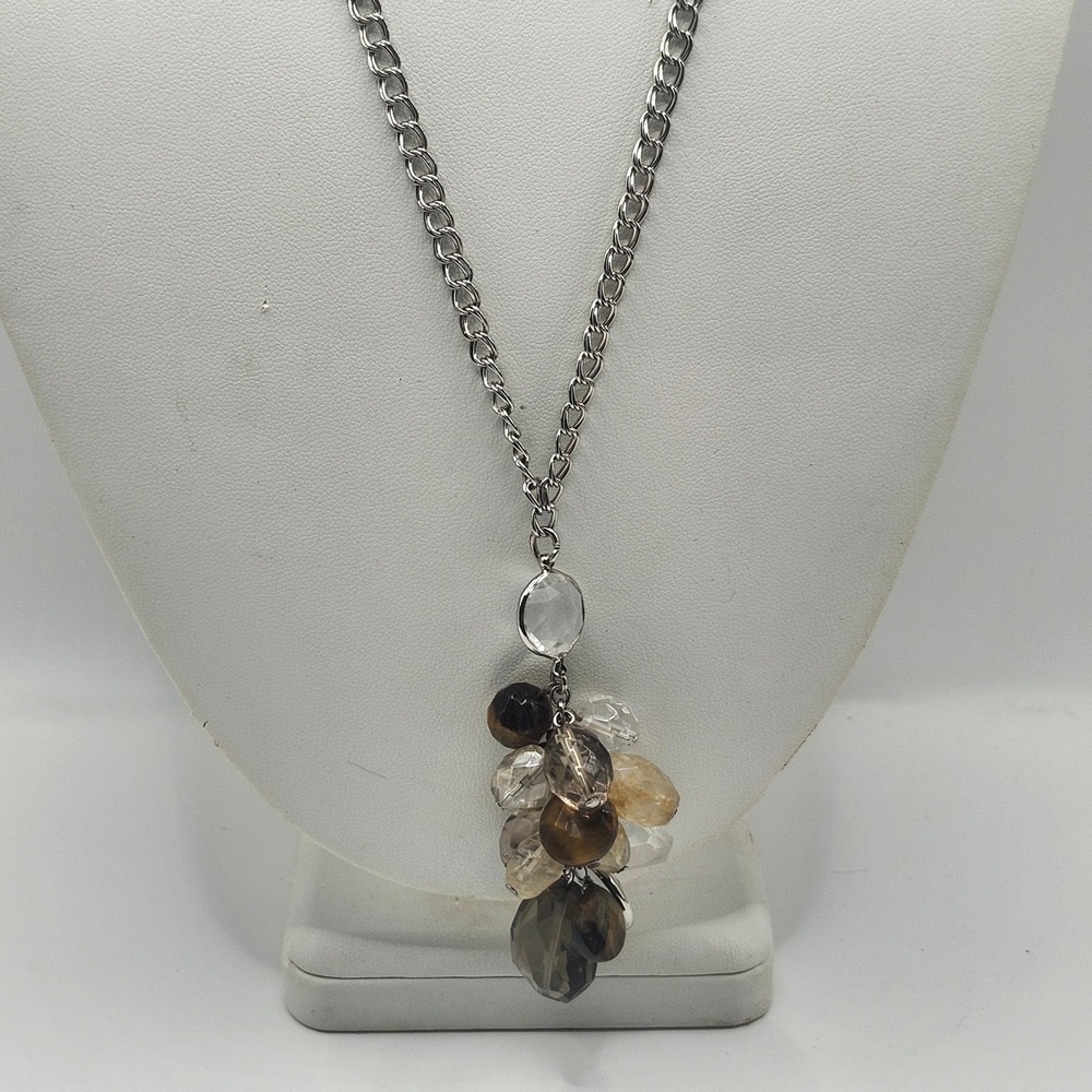 Silver Tone Cluster Beaded Pendant Necklace Smoky Quartz Tigers Eye Style‎ Beads
